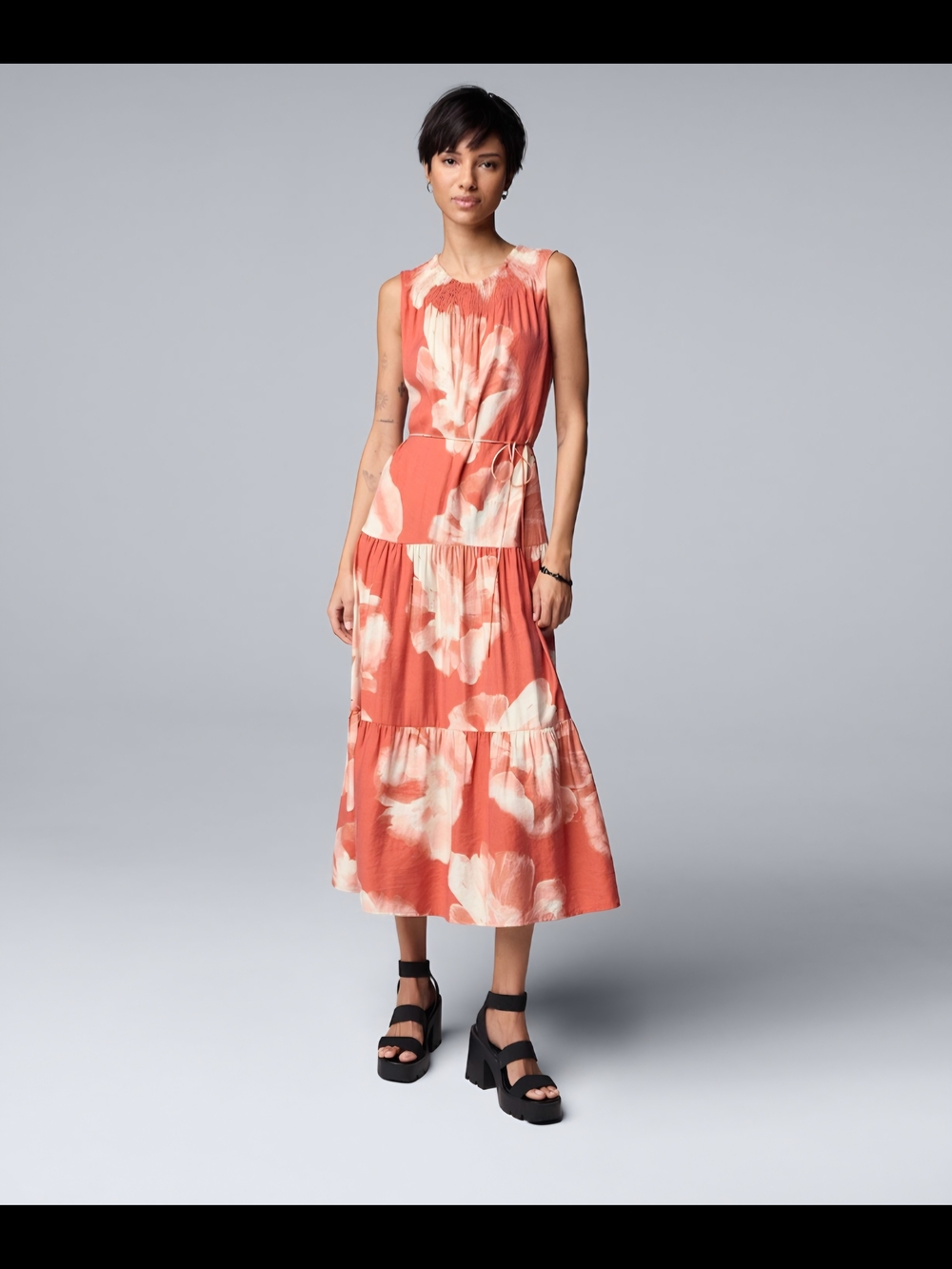 Simply Vera Vera Wang Coral Floral Tiered Midi Dress